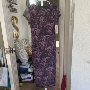No Boundaries Black and Plum Rose-Print Midi Dress 4-6